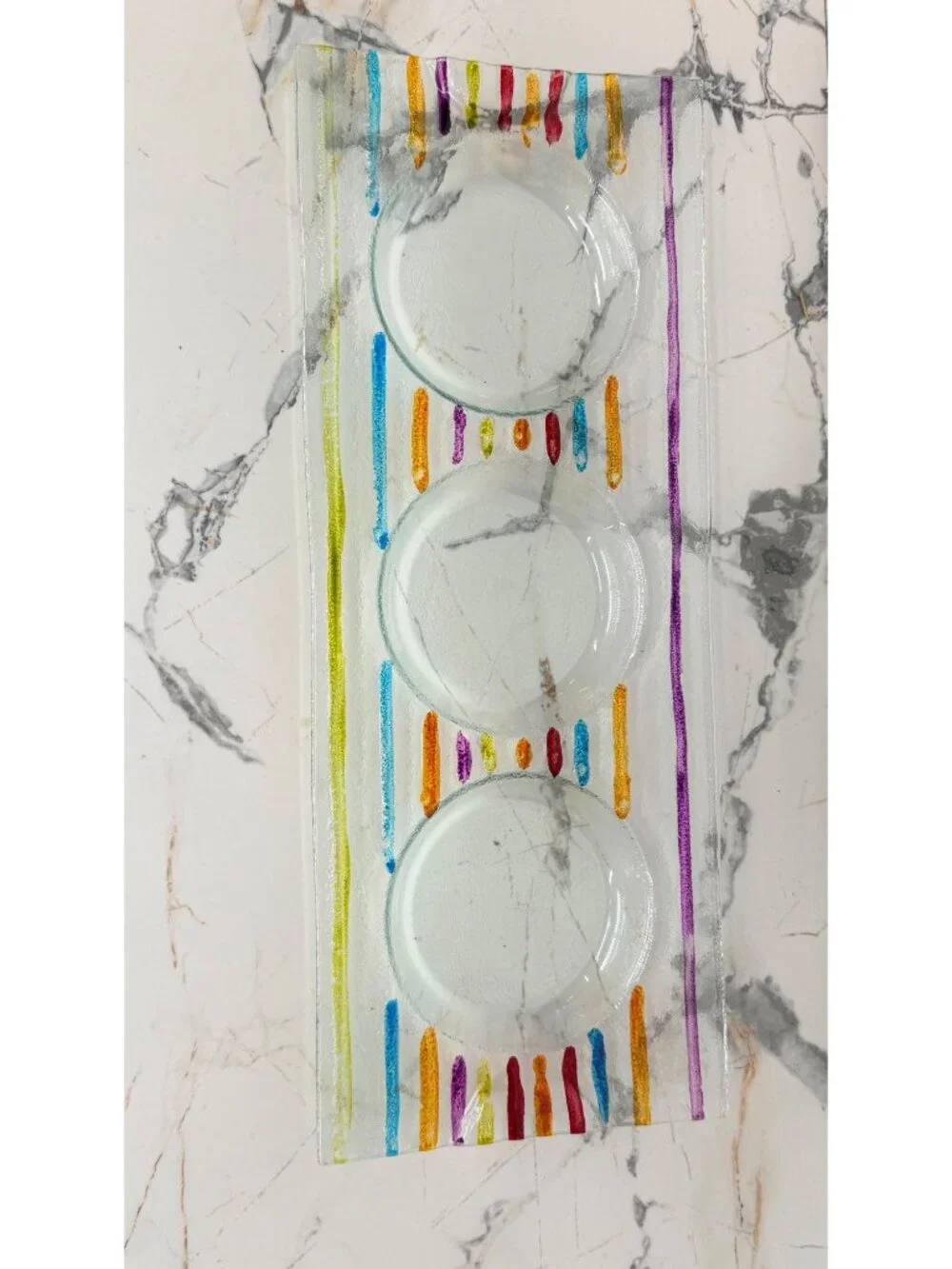 Colorful Fused Glass Condiment Server Tray Hand Painted Striped Appetizer Dish